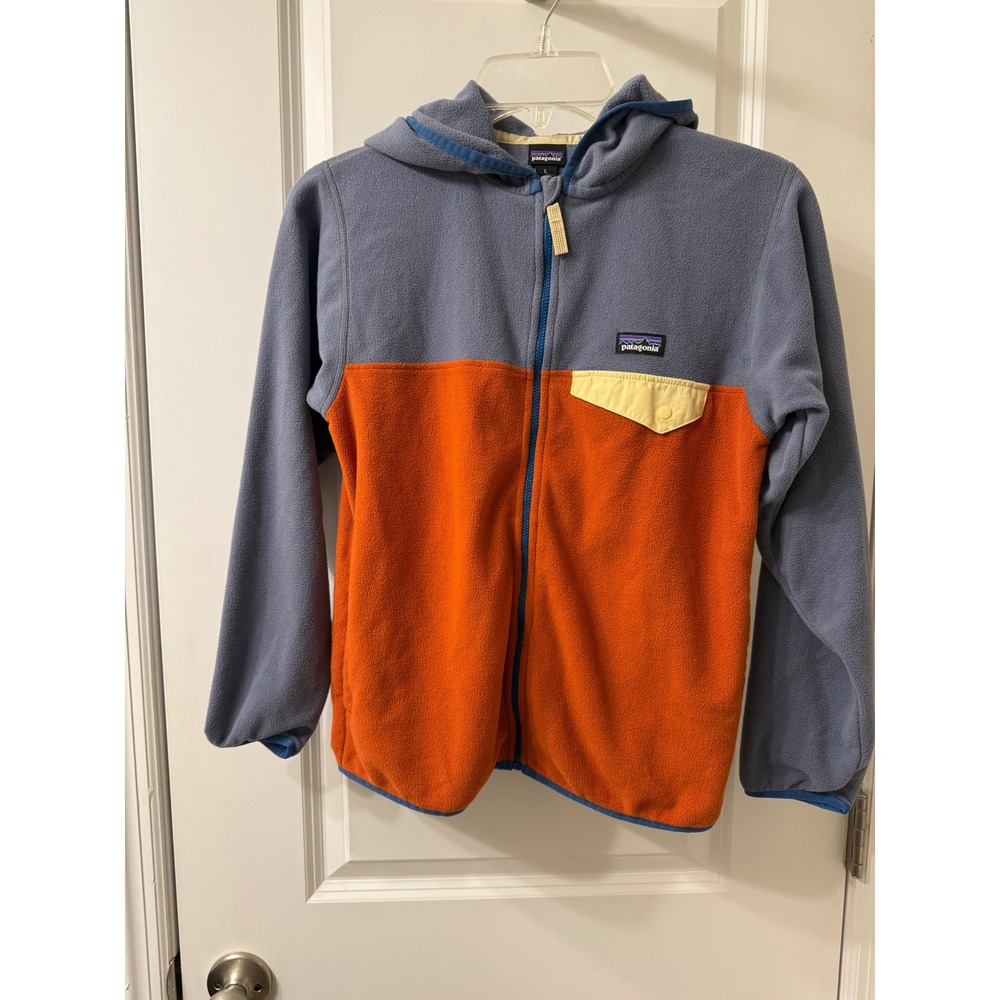 Patagonia Kids Fleece Hoodie Full Zip Color me Block Orange Blue Hooded Jacket